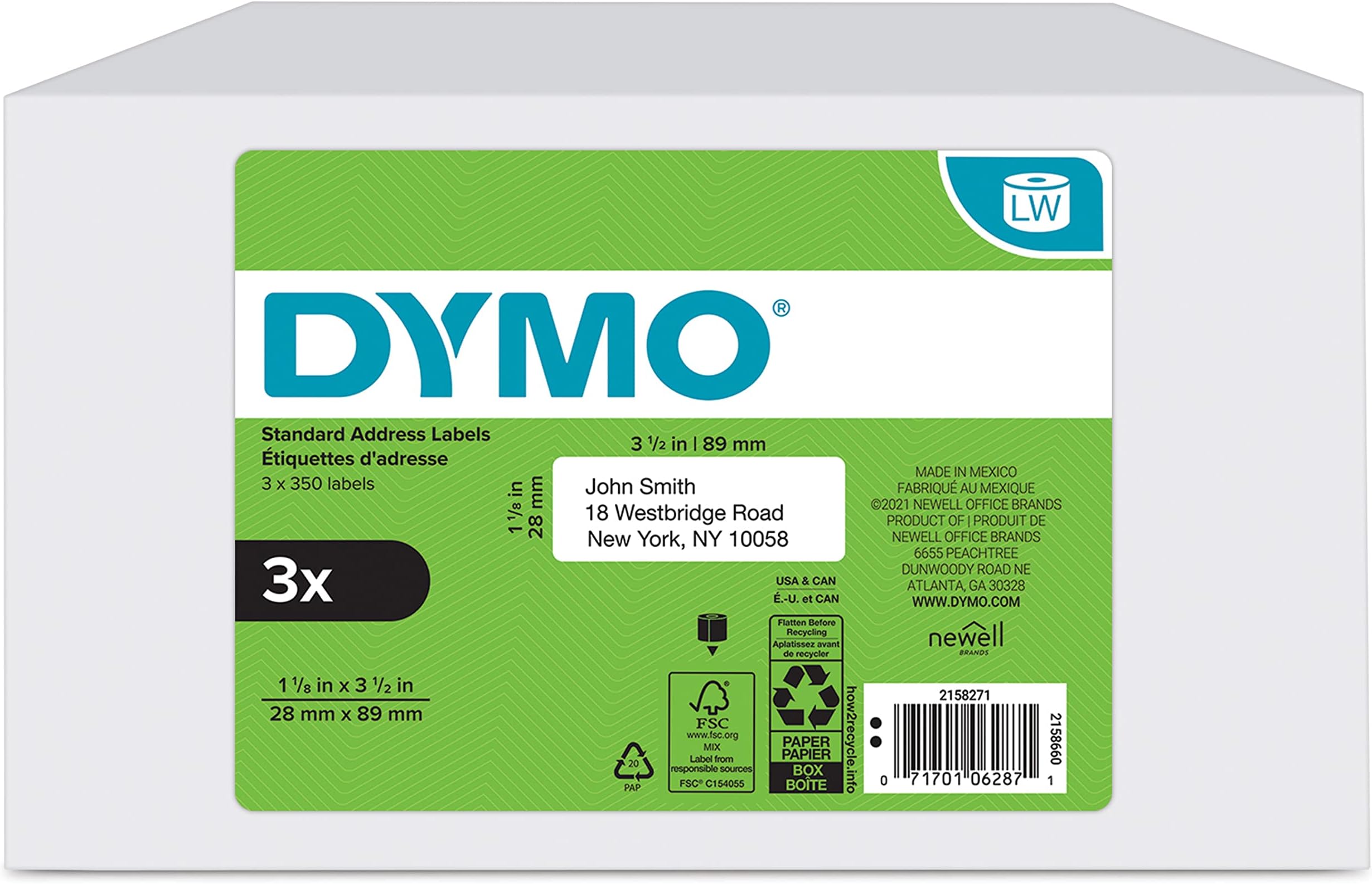 DYMO Authentic LW Mailing Address Labels for LabelWriter Label Printers, (1-1/8" x 3-1/2"), 3 Rolls of 350 (1050 Total)