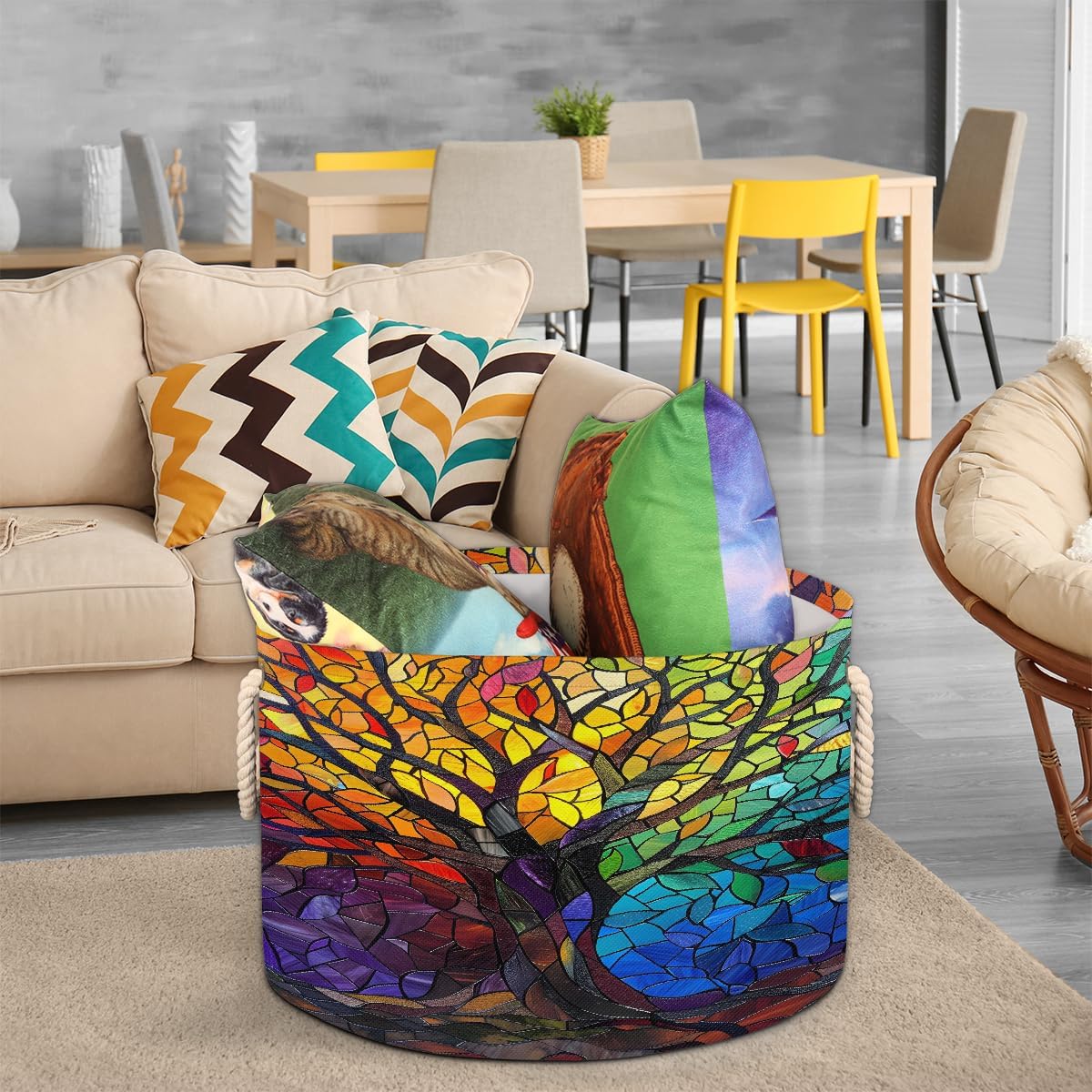 Large Round Laundry Basket Rainbow Tree Of Life Glass Toy Organizers and Storage for Girls Canvas Collapsible Blanket Storage Basket Laundry Hamper Gift Baskets Bedroom Clothes Children Nursery