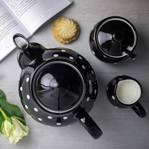 Miniatura 3 de Juego de tetera de cerámica de lunares blancos y negros hechos a mano, tetera grande de 1,7 l/60 onzas, 4-6 tazas, jarra de leche, azucarero, juego