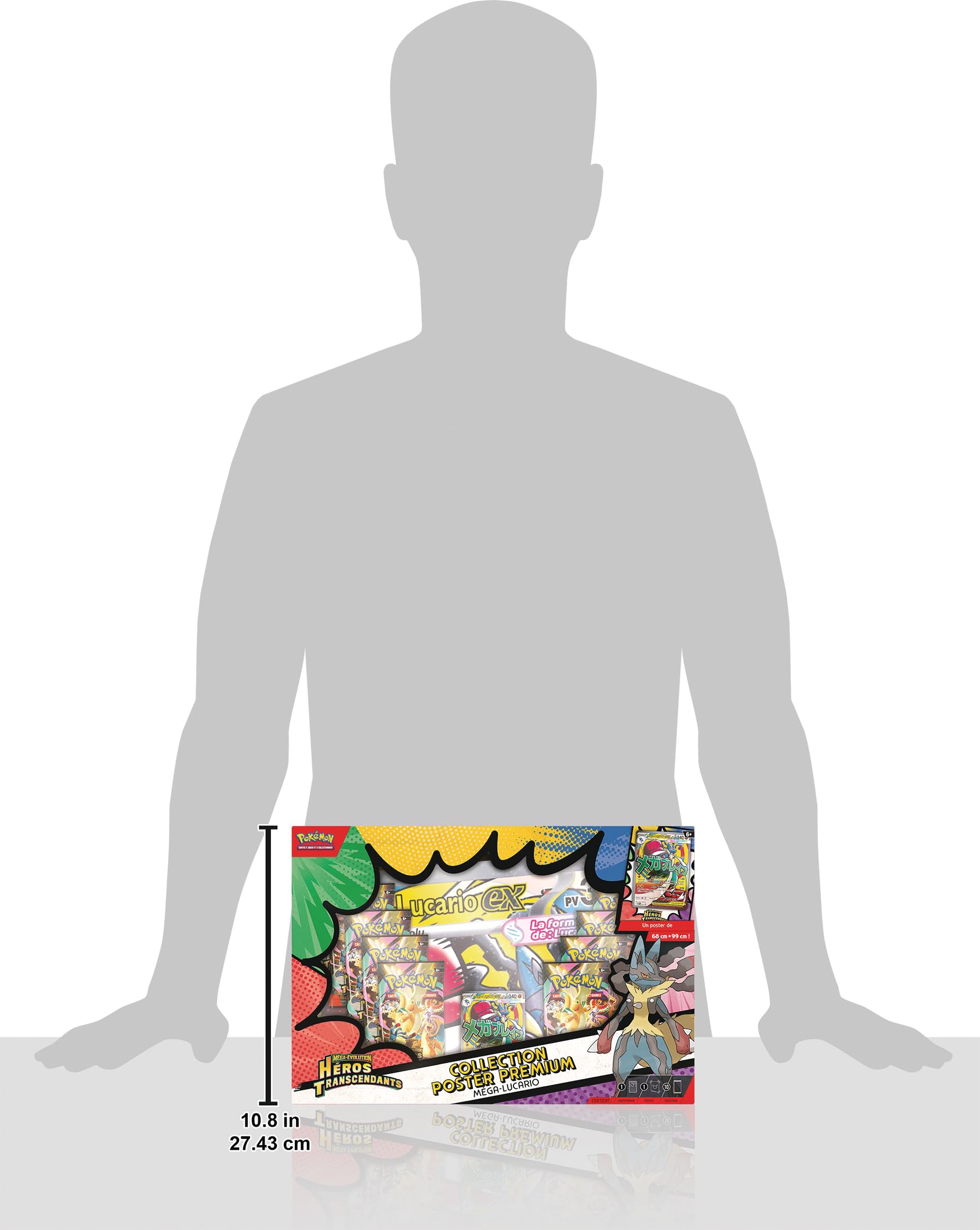 Pokémon : Collection Poster Premium Méga-Évolution – Héros Transcendants – Méga-Lucario (1 Carte Promo Brillante, 1 Poster Double Face et 10 boosters)