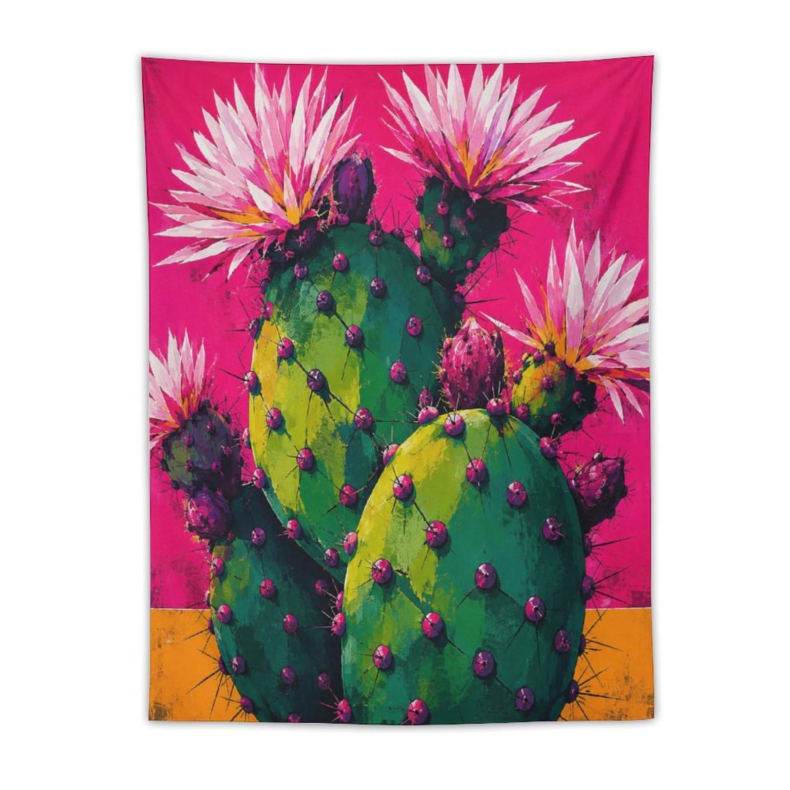 W7C8U2X3 Pink Cactus Flowers Wall Tapestry, Pop Art Color Blocks