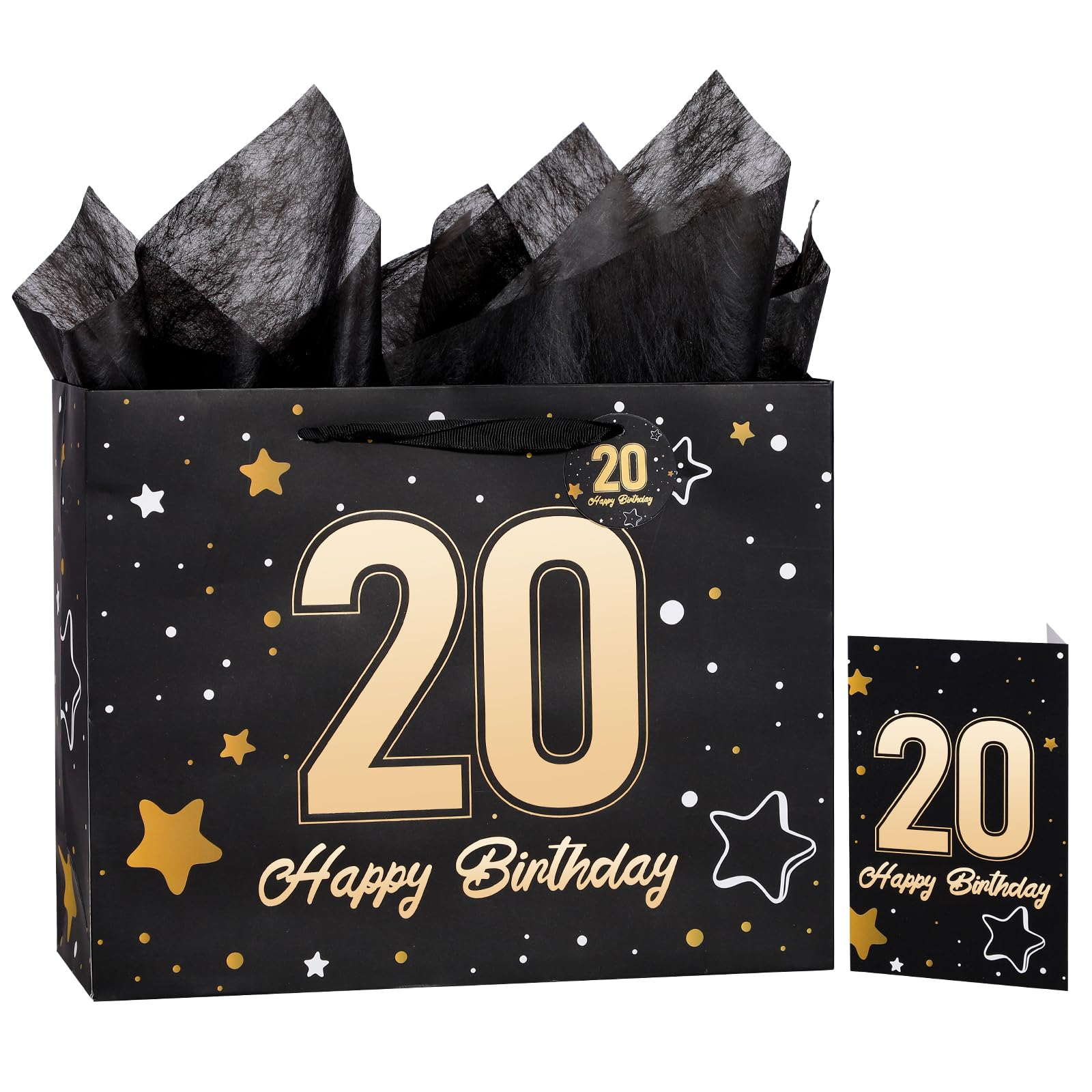 Powbrace 13" Birthday Gift Bag with Tissue Paper & Card(Black 20th) Black 20th 1 Pack