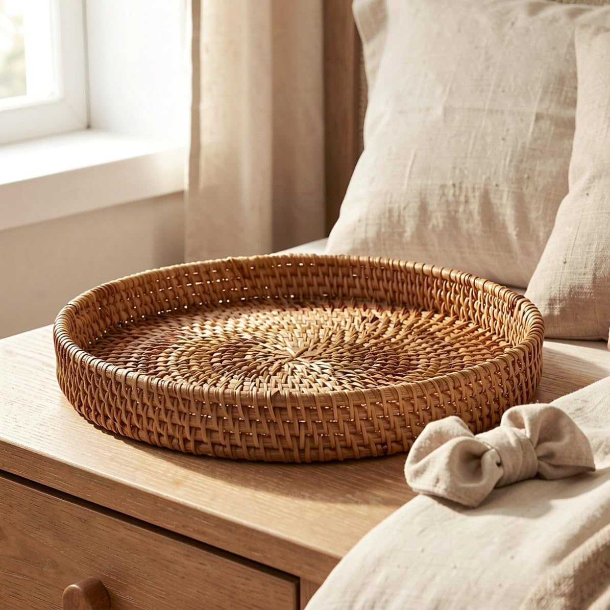 3 Pezzi Cesto Rotondo in Rattan Intrecciato Artigianalmente,