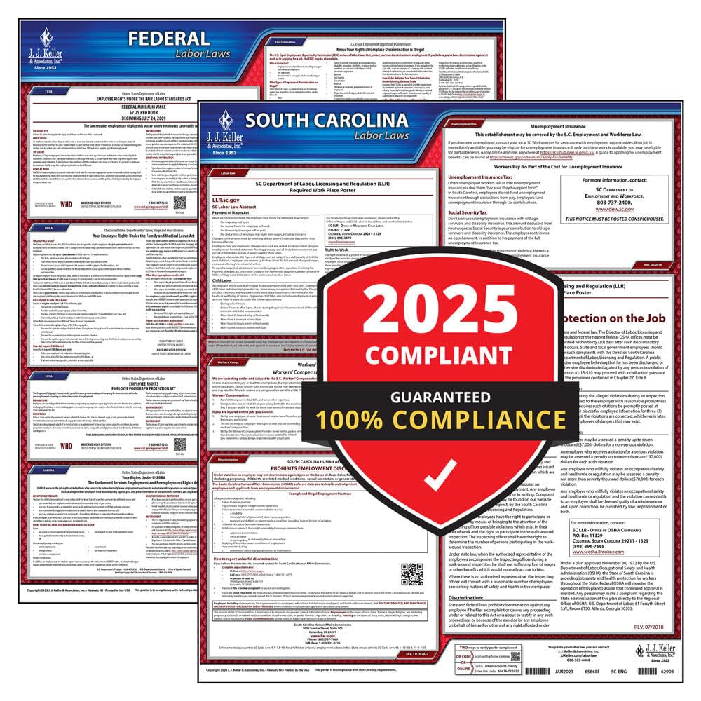 2025 South Carolina and Federal Labor Law Poster Set (English, SC State) - OSHA Compliant Laminated Posters, J. J. Keller & Associates, Inc.