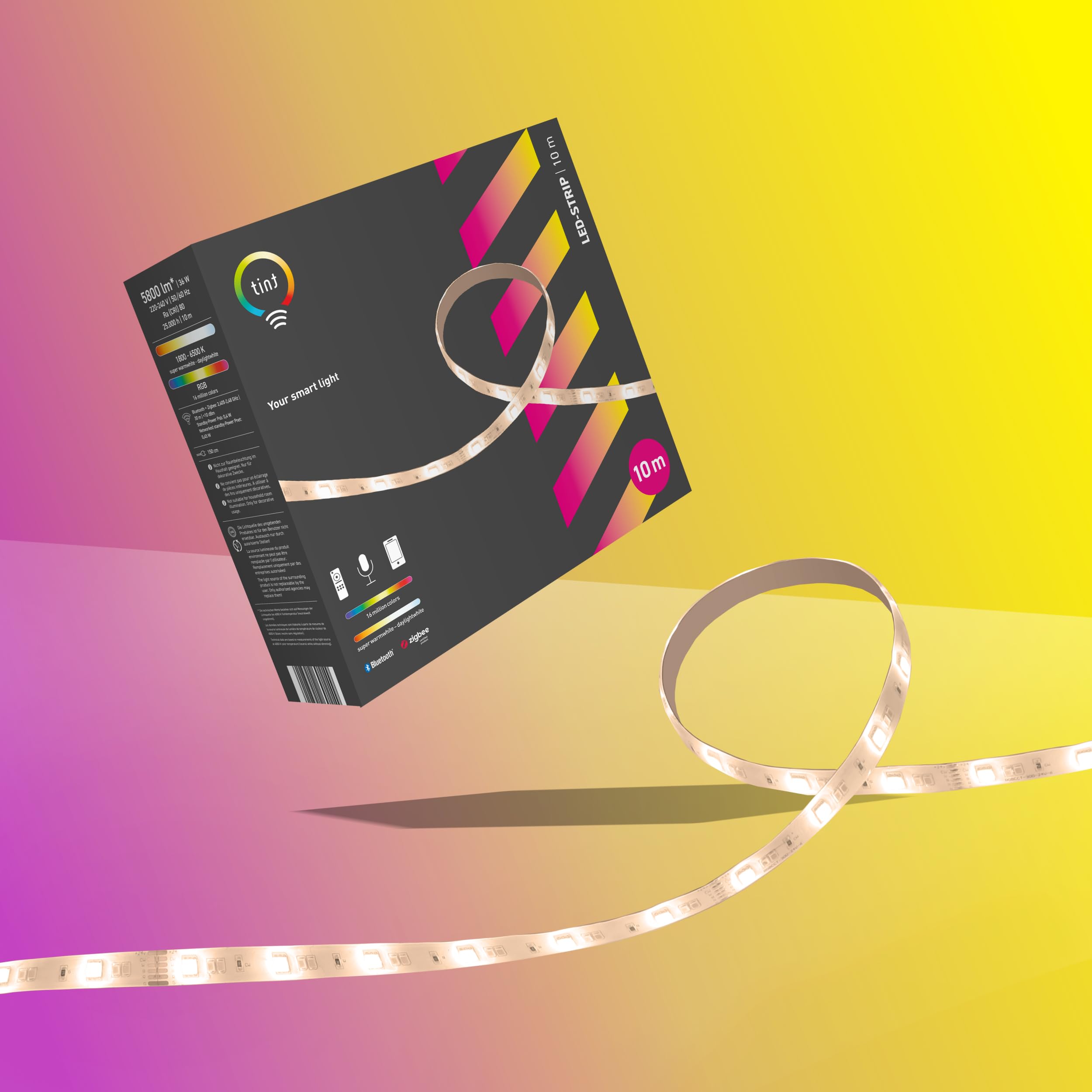 tint Smarter LED Strip Streifen, weißes & farbiges Licht RGB für indirekte Beleuchtung, Farbwechsel, 10m Länge, 36W, 6 vorprogrammierte Lichtszenen, Bluetooth+Zigbee, funktioniert mit Alexa