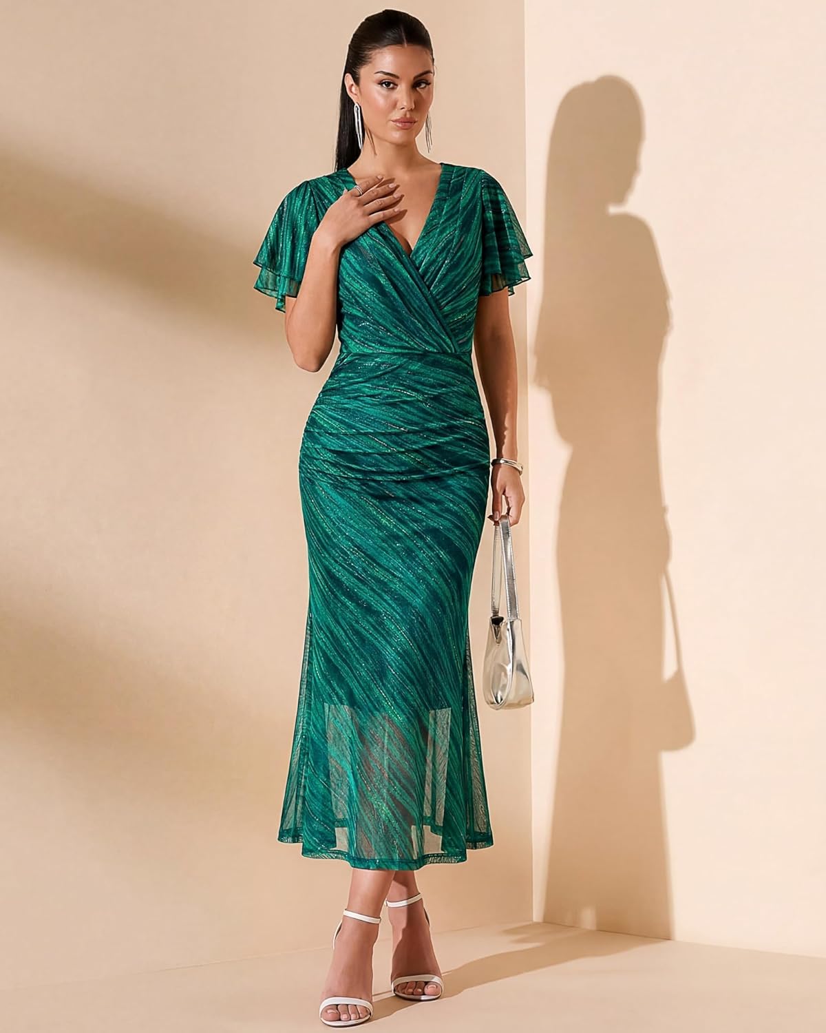Gaharu Women's Summer Floral Bodycon Maxi Dress 2026 Ruched Mesh Ruffle Sleeve Spring Wedding Guest Cocktail Party Dresses