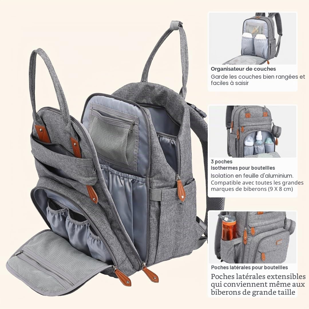 BabbleRoo Sac à Langer Bébé, Sac à Dos à Langer Grande Capacité Déperlant – 17 Poches, Tapis à Langer, Étui à Sucette Amovible, Sangles Poussette, Sac de Voyage Unisexe