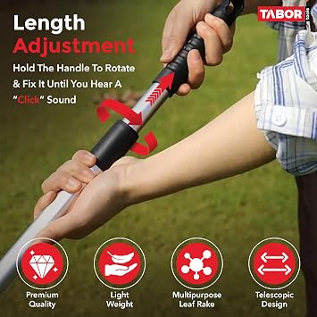TABOR TOOLS J16A Adjustable Metal Leaf Rake with Expandable Head 8-23, Collapsible & Telescopic Grass Rake for Lawns, Garden & Yard, Ideal for Leaves, Shrubs & Small Areas