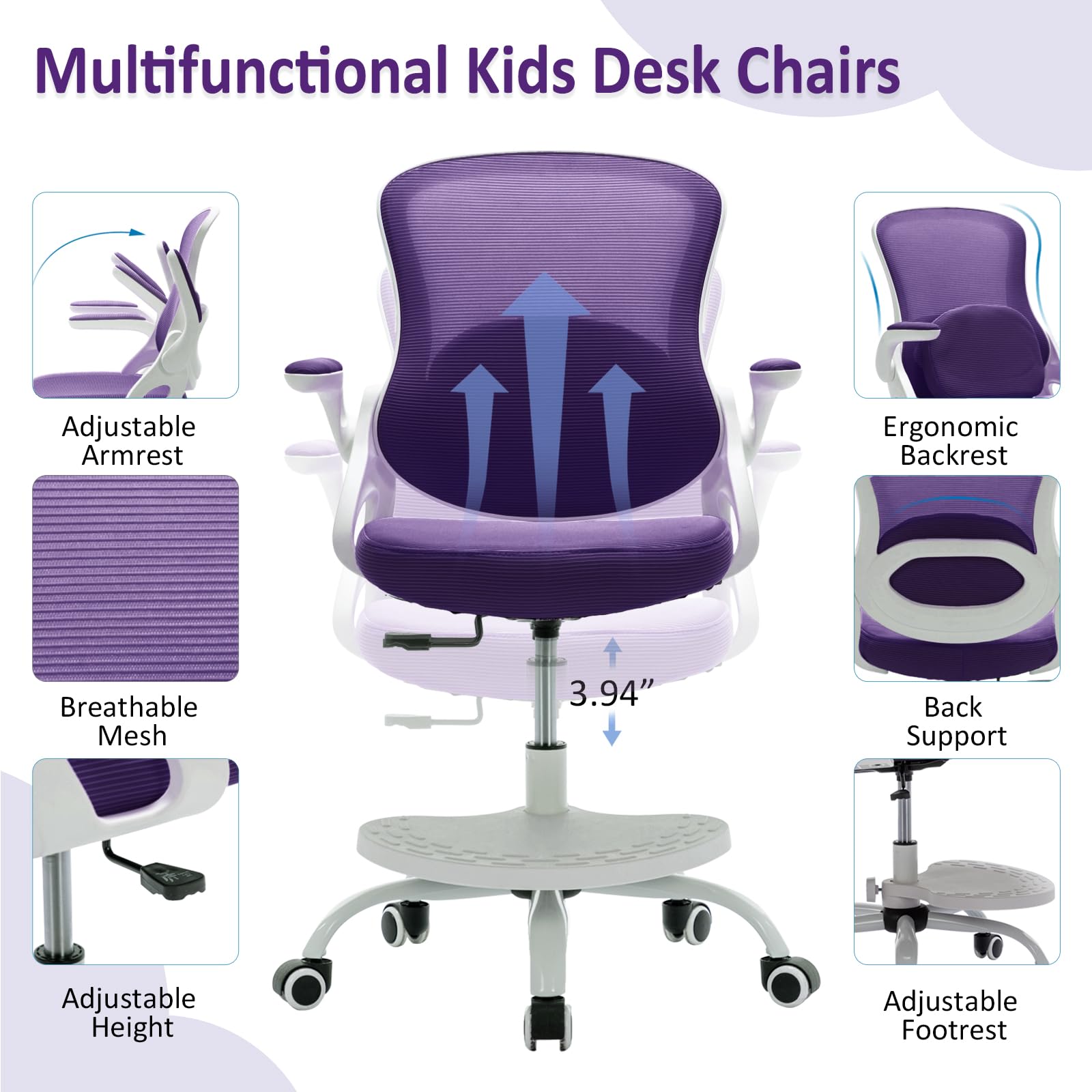 Kids Desk Chair,Ergonomic Study Chair with Adjustable Height,Swivel Mesh Desk Chair with Wheels,Home Office Chair for Children in Home Bedroom Purple