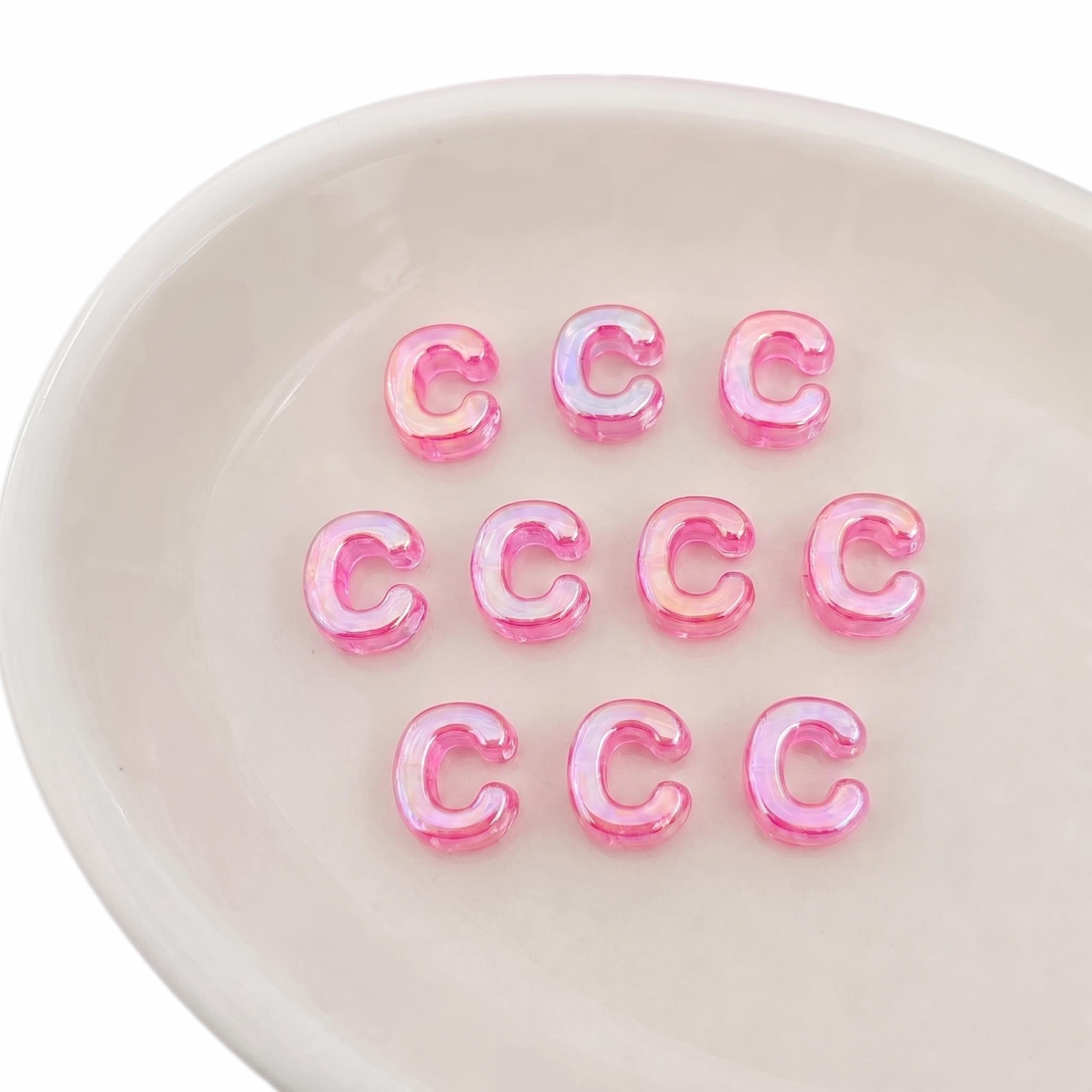 Letter Beads 10pcs, Large Acrylic Alphabet Beads with 6mm Hole, Iridescent Holographic UV Plated for Bracelet Making, Jewellery, Keyrings & Craft (Iridescent Pink, Letter C)