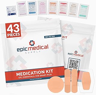 Epic Medical Supply First Aid Kit Medication Refill – 43-Count Unit Dose Packets - Alcohol Pads & Bandages – Emergency Medicine Kit Pills - 1st Aid Kit Refill, Travel, Camping – Assembled in USA