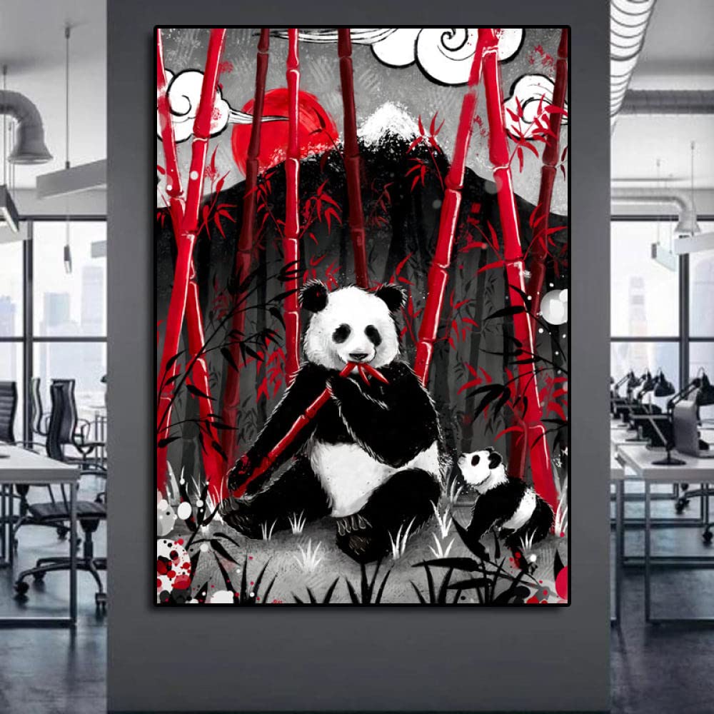Peinture à l'huile panda et bambou rouge sur grande toile abstraite