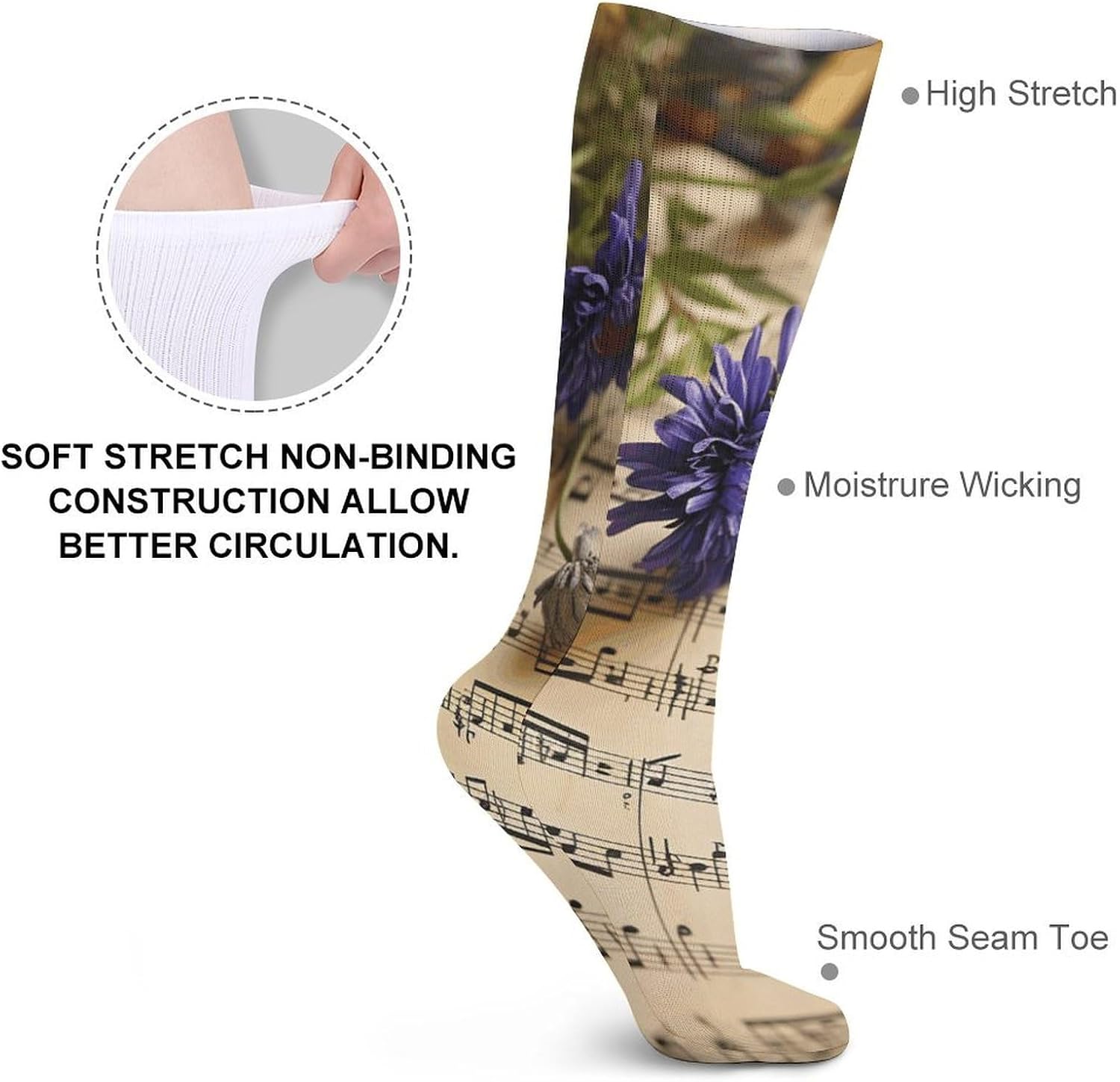 5 Pairs Knee High Socks Music Sheet Long Tube Boot Seamless Toe