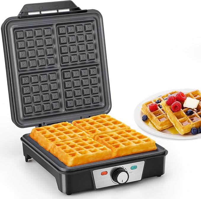 VINATO Gofrera, Waffle Maker para 4 Gofres, 1200W Calor Rápido y Estable, Gofrera con Revestimiento Antiadherente de Las Placas Calefactoras, Regulación Continua de la Temperatura, Fácil de Guardar