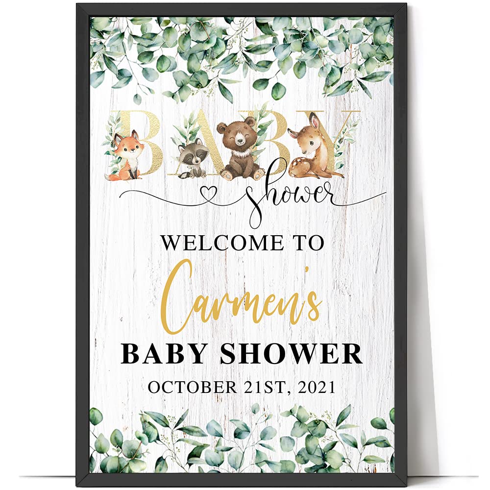 Tacoki Personalized Woodland Baby Shower Welcome Sign Poster, Welcome Sign Art, Baby Shower Sign Posters, Woodland Animals Baby Shower Canvas, Custom Baby Shower Wall Art Poster Canvas, Home Decor