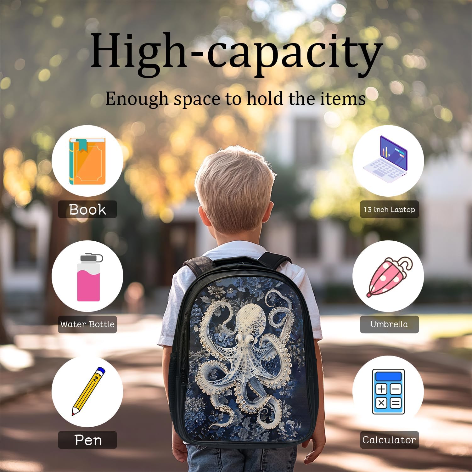 Octopus School Backpack for Teens Kids Kindergarten Elementary Middle School Nautical 3-Pcs Bookbag, Octopus Ocean Navy Back Pack for Boys Girls Children Marine Book Bag, Small Modern Bag