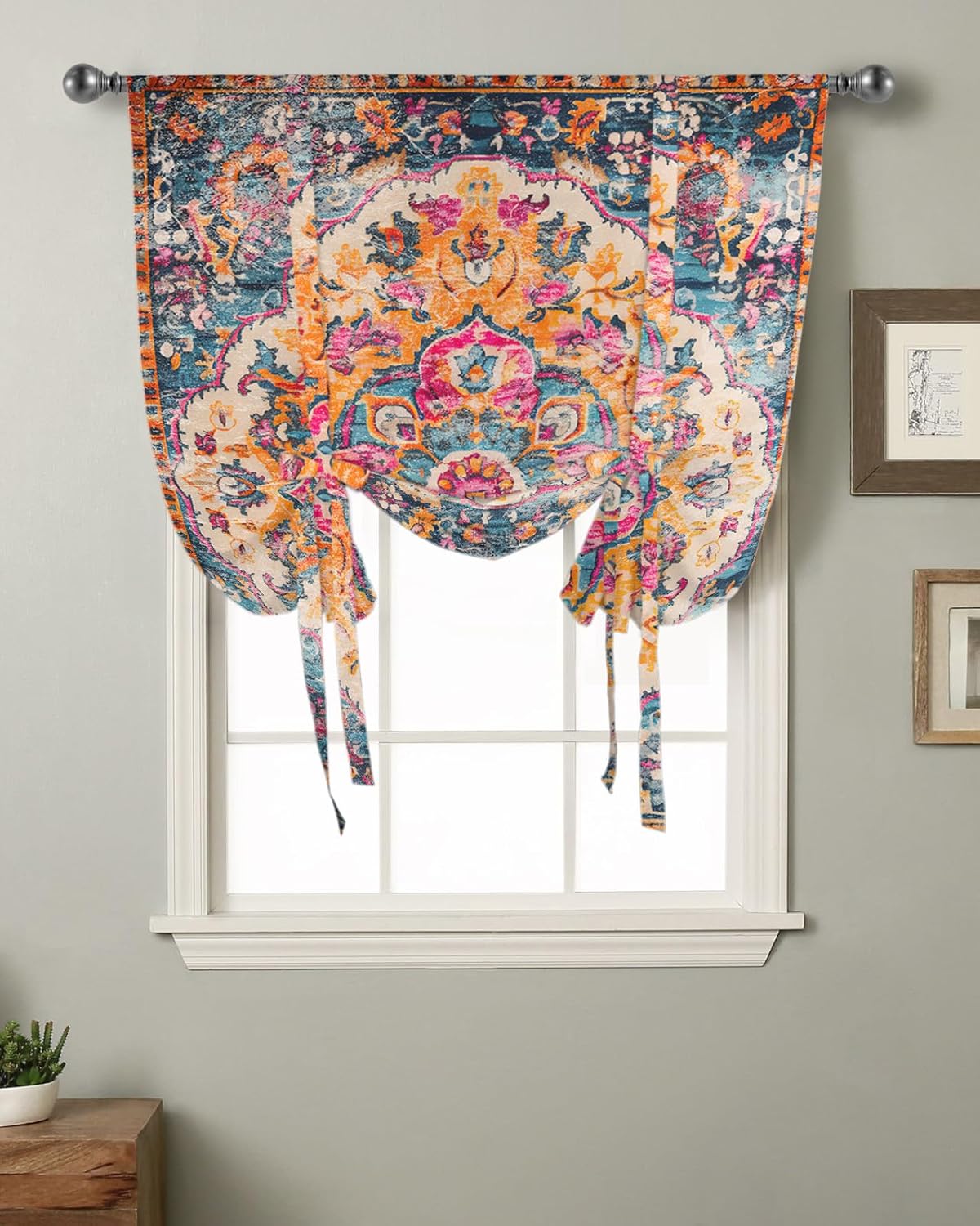 Yukro Tie Up Curtains Window Shades, Geometric Abstract Carpet Flowers Pattern Pink Rod Pocket Tie Up Window Shade, Adjustable Balloon Curtain Shade for Blinds Kitchen Bathroom, 1 Panel, 52"x63"