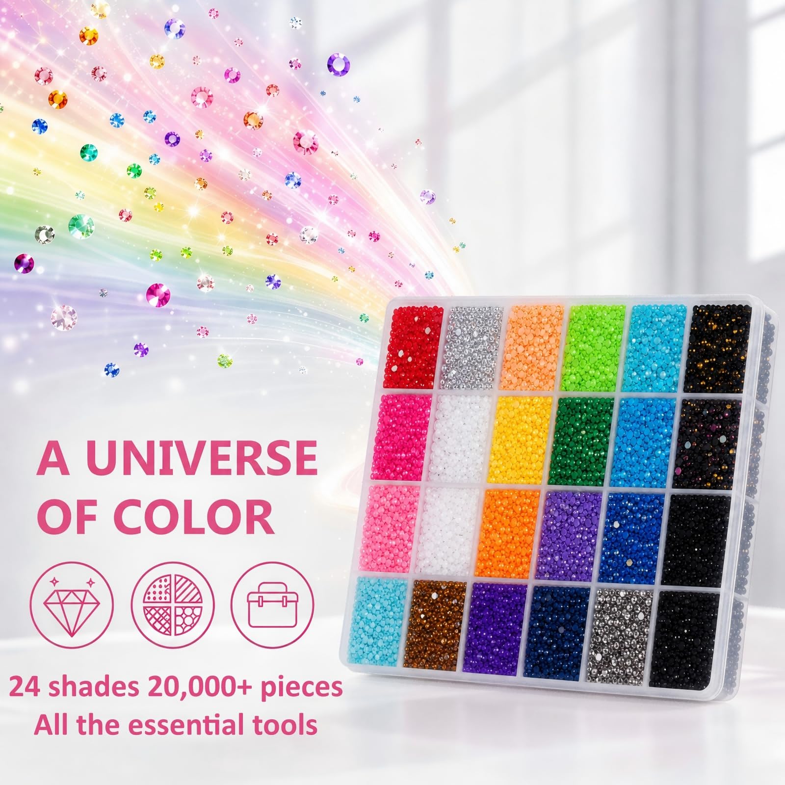 24 Couleurs 3mm Strass Ongle Nail Art, 20000+ Pcs Bedazzling Kit avec Pince à Épiler, Stylo à Pointiller, Rhinestone pour Travaux Manuels, Loisirs Créatifs, Décoration Ongles, Textiles, DIY