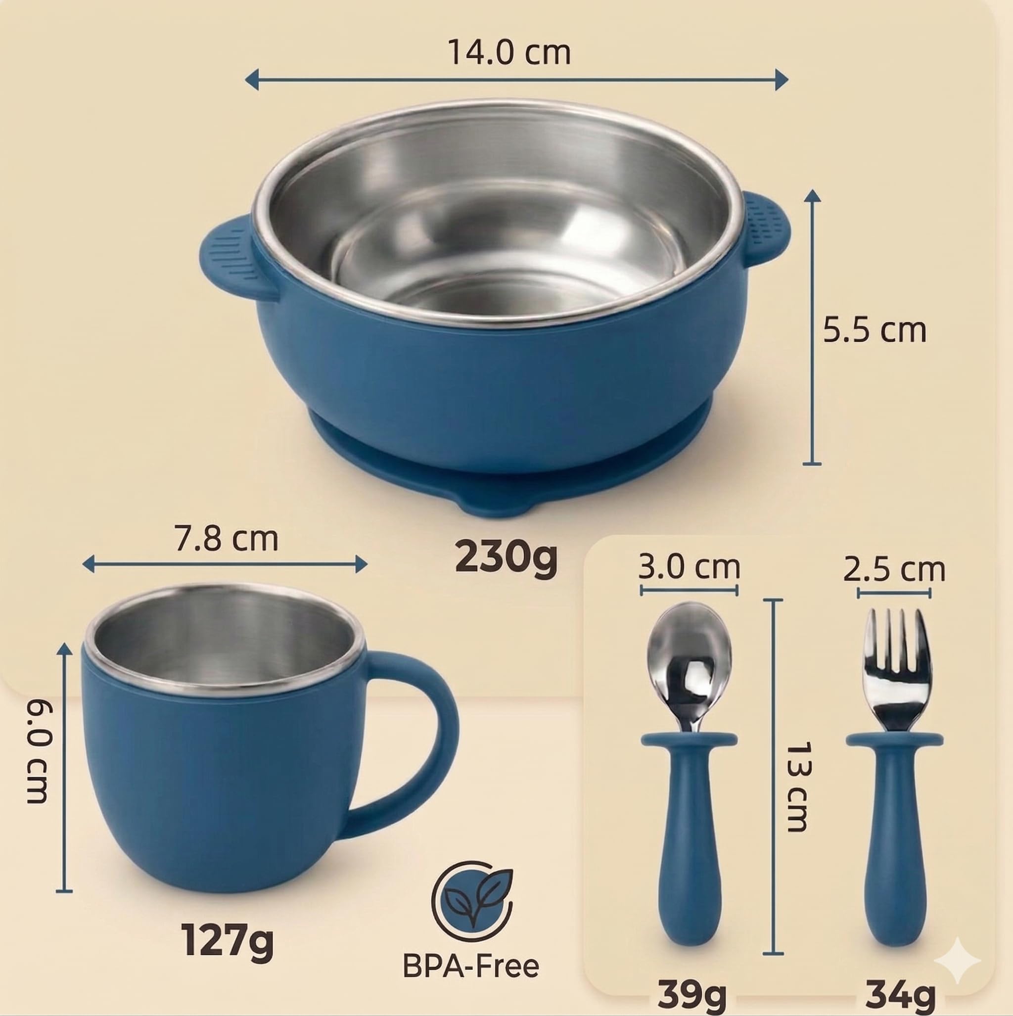 NENAVIBE Juego bebé 4 piezas acero inoxidable | Bol con ventosa, taza con asa y cubiertos BLW | Antideslizante, silicona desmontable, apto lavavajillas y sin olores | regalo 6 meses (Azul) — view 2