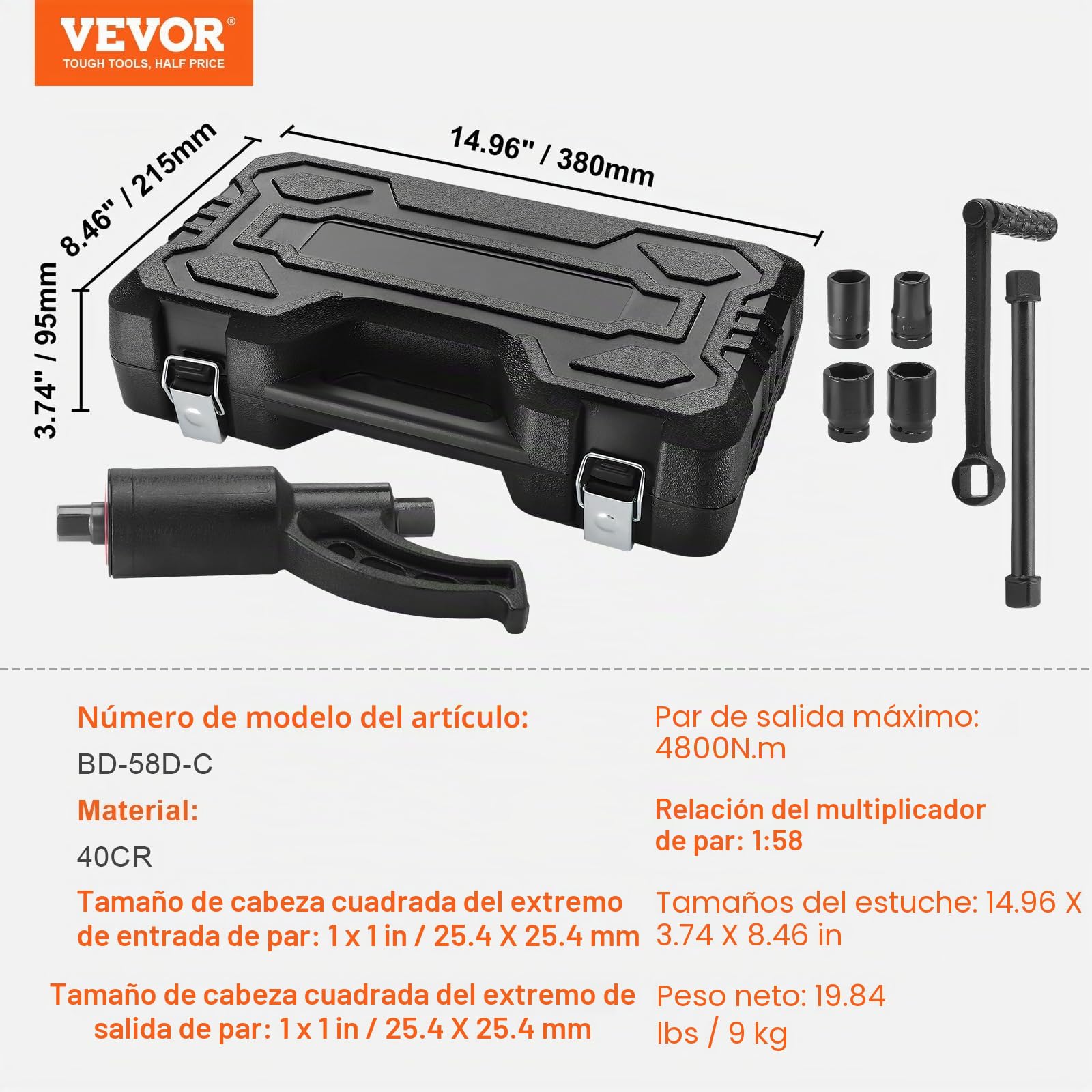 VEVOR Llave Multiplicadora de Par 25,4 mm Relación 1:58 Multiplicador de Fuerza con 4 Vasos Caja Multiplicadora de Par de Acero de Aleación para Quitar Tuercas de Rueda Coche Taller Garaje