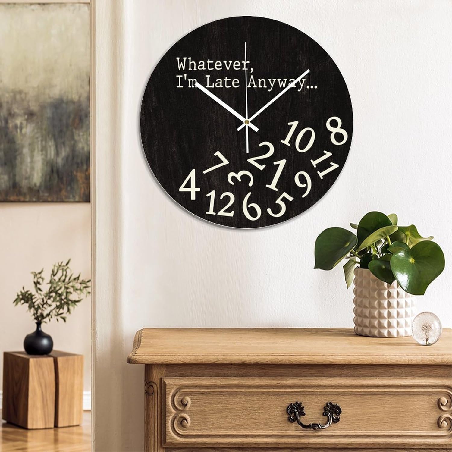 Round Wood Wall Clock Whatever I'm Late Anyway... Battery Operated Silent Non-Ticking Clock 12x12 Inch for Home Kitchen Bathroom Bedroom Living Room Decor