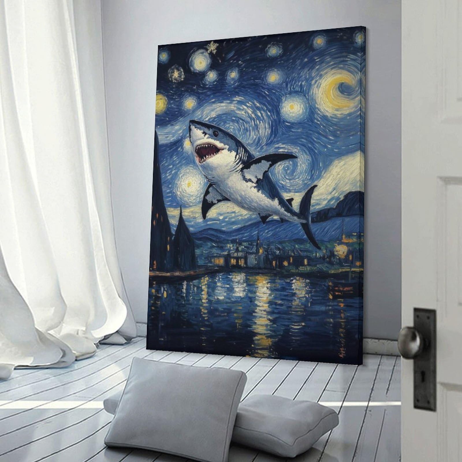 Junmoney Frame-Style-4 Shark In Starry Night Home Decor Wall Art 24X36inch(60X90cm), For Gallery Wall Layouts In Home Or Office, A Versatile Canvas Print For Layering