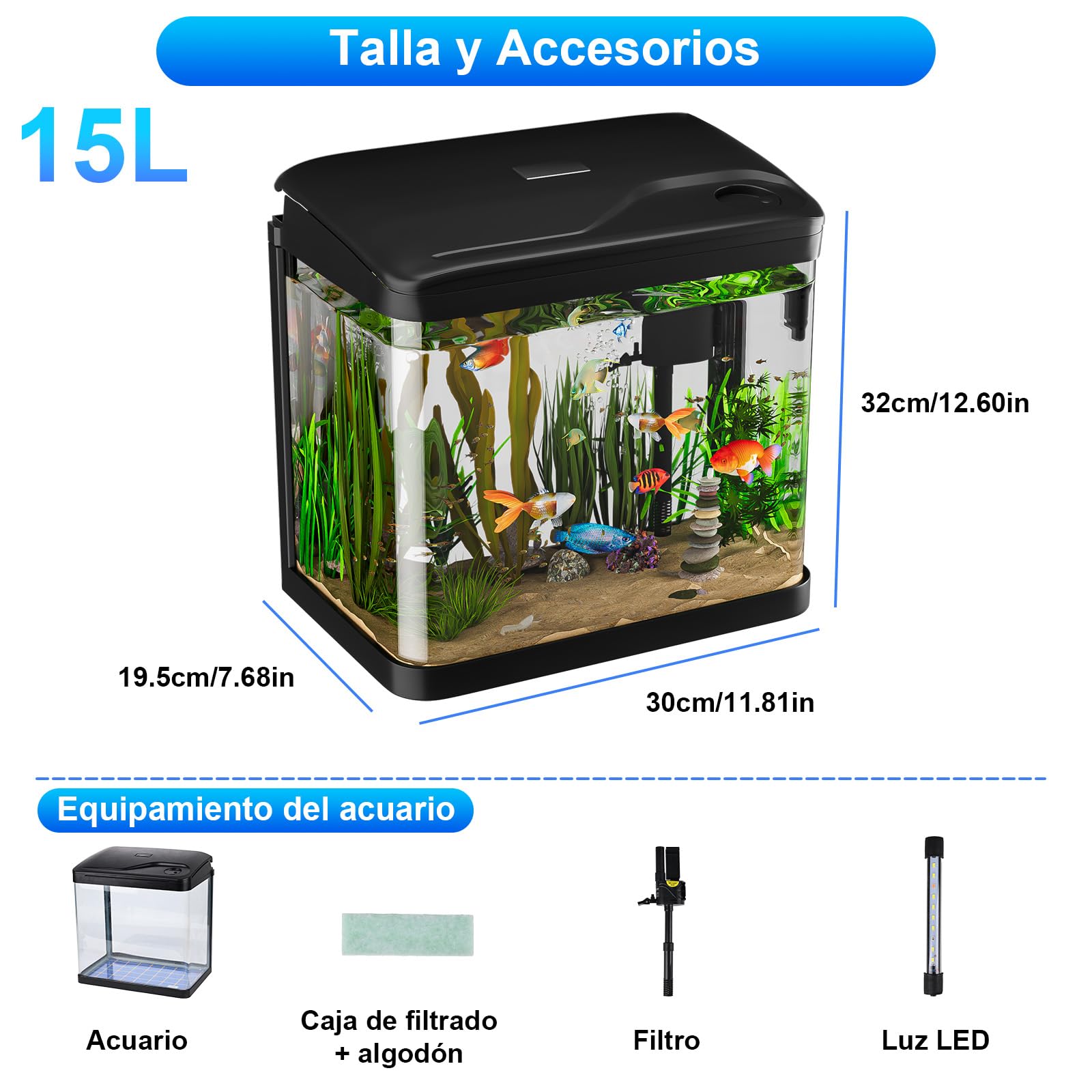 15L Acuario de Cristal Acuarios y Peceras Completas,con Sistema de Filtrado Integrado e Iluminación LED,Acuarios de Iniciación, Negro