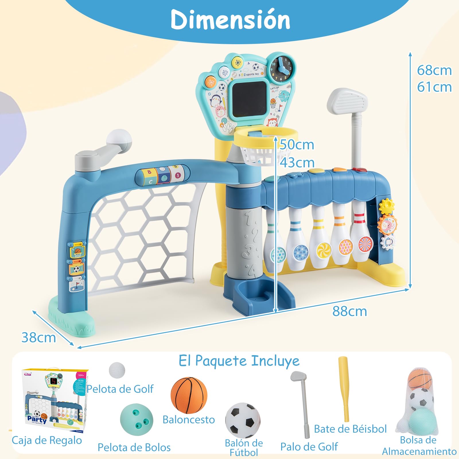 GOPLUS Juguetes Deportivos para Niños, Centro de Actividades 5 en 1 con Baloncesto, Fútbol, Bolos, Béisbol y Golf con Luces y Sonidos, para Niños de 1-3 Años