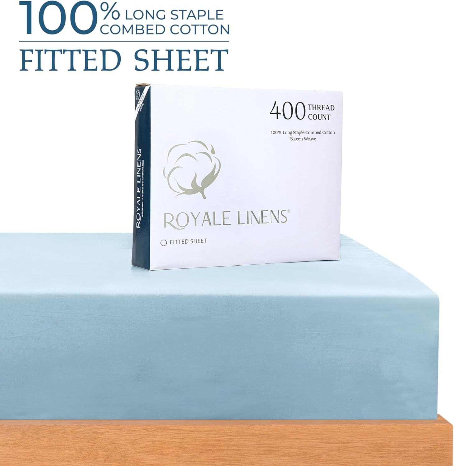 Royale Linens 100% Organic Cotton & Sateen Flat & Fitted Sheets Bedding Bundle - Include 1 Flat Sheet with 4 Inch Z-Hem & 1 Fitted with Deep Pocket Up to 16 Inches - Cooling Sheets (Full, Lake Blue)