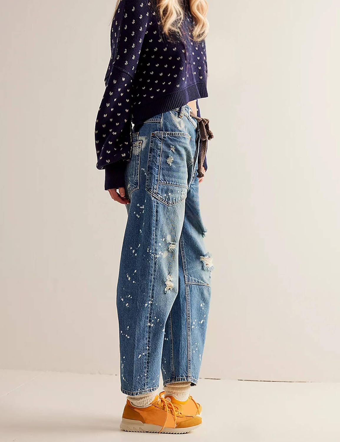 Barrel Jeans Women Trendy Low Rise Drawstring Baggy Jeans Vintage Pant Casual Wide Leg Horseshoe Demin with Pockets - Image 5