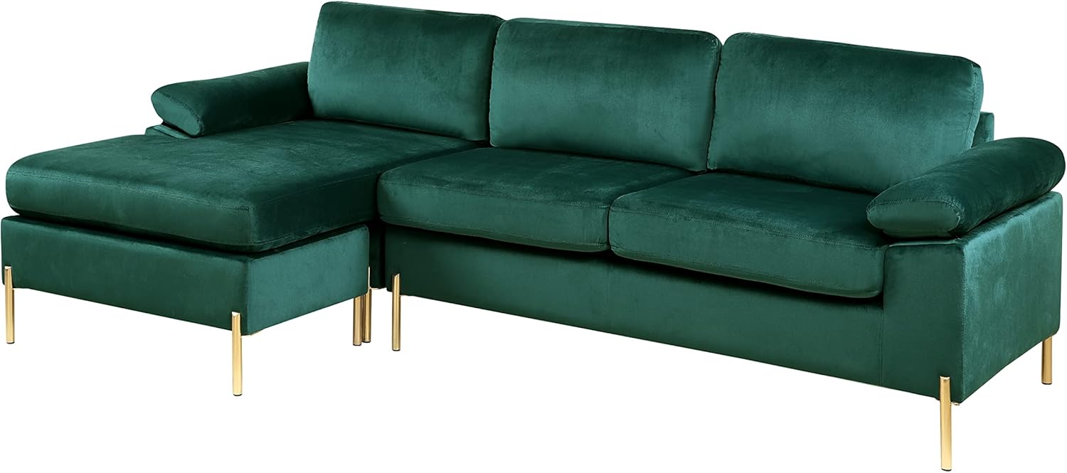 Favfurish 101" Velvet Upholstered Sectional Sofa with Chaise and Pillow Arms, L-Shaped Solid/Manufatured Wood Loveseat Couch W/Removable Back & Cushions,for Living Room,Bedroom,Office,Green