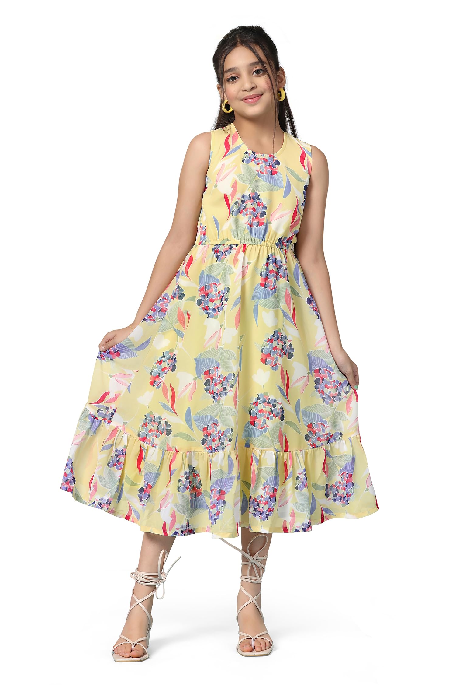 Girl's Fit And Flare Midi Printed Calf Length Dress