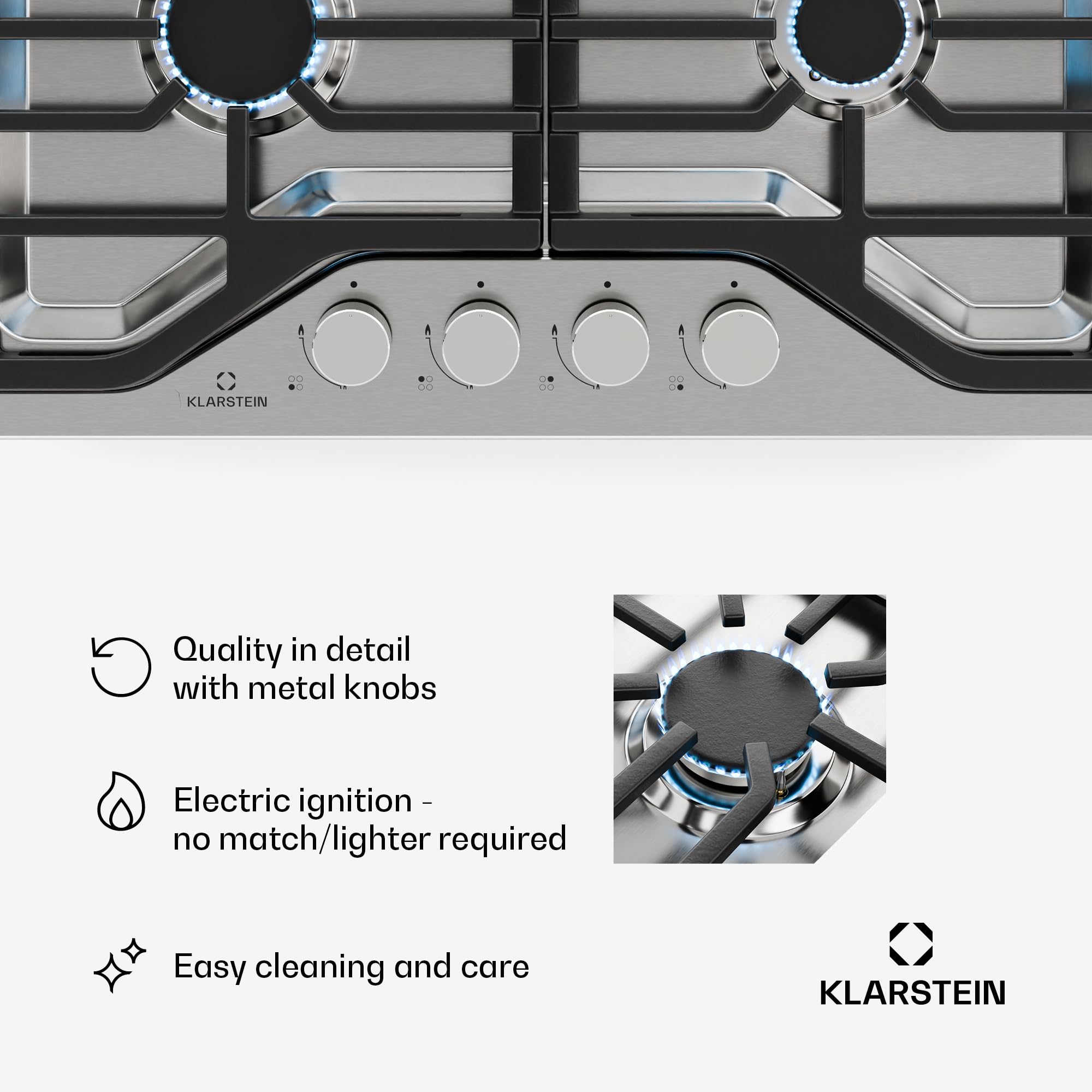 Klarstein Turbocast Płyta gazowa - 4-palnikowa ze stali nierdzewnej, Palnik wok 3,4 kW, Żeliwne ruszty, Zapłon elektryczny, Wyłączanie bezpieczeństwa, Zestaw LPG, Kuchenka do elastycznego gotowania