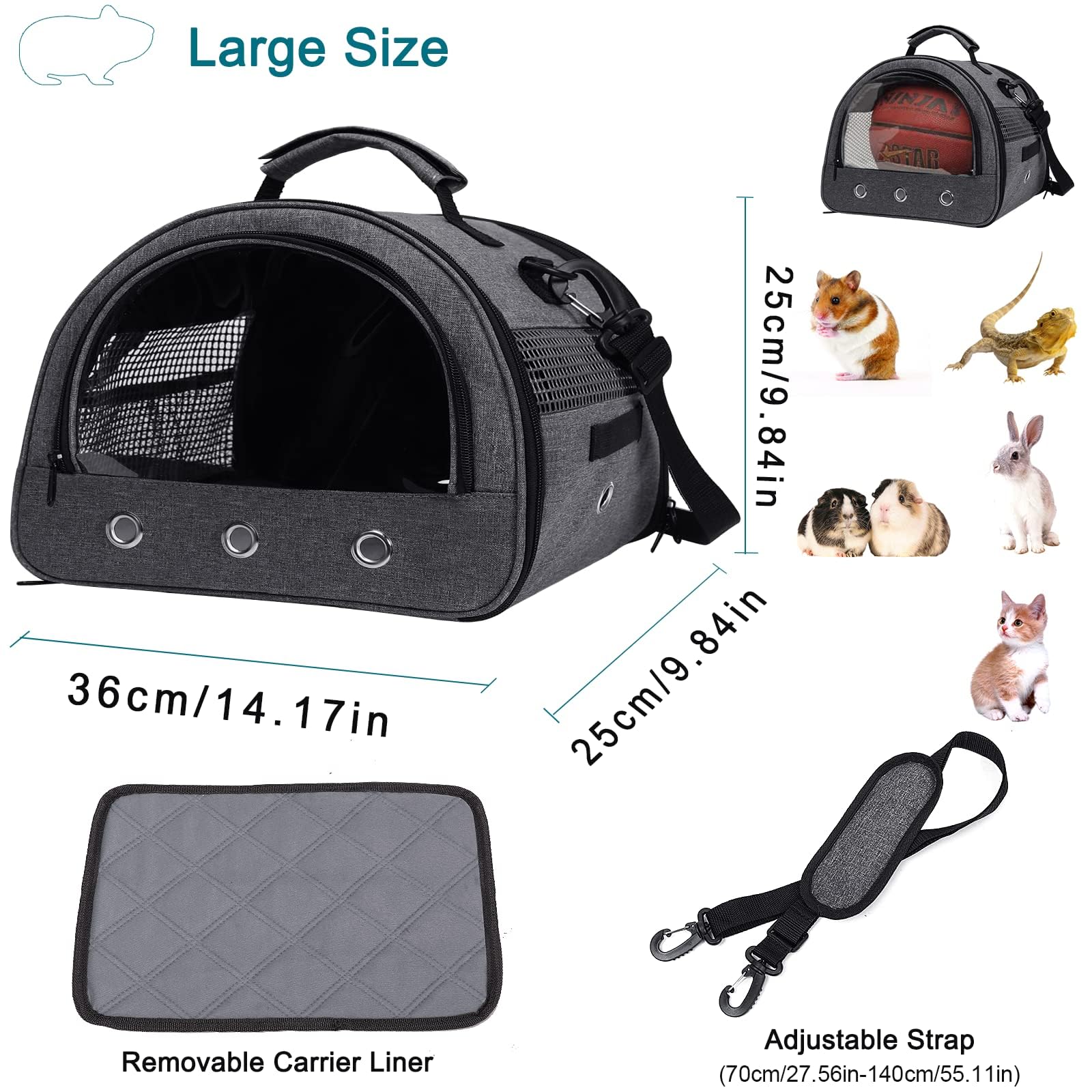Sac de transport pour petit animal de compagnie, cochon d'Inde avec trou pour bouteille d'eau, doublure amovible, sac de transport portable à double porte, lapin, dragon barbu (gris)