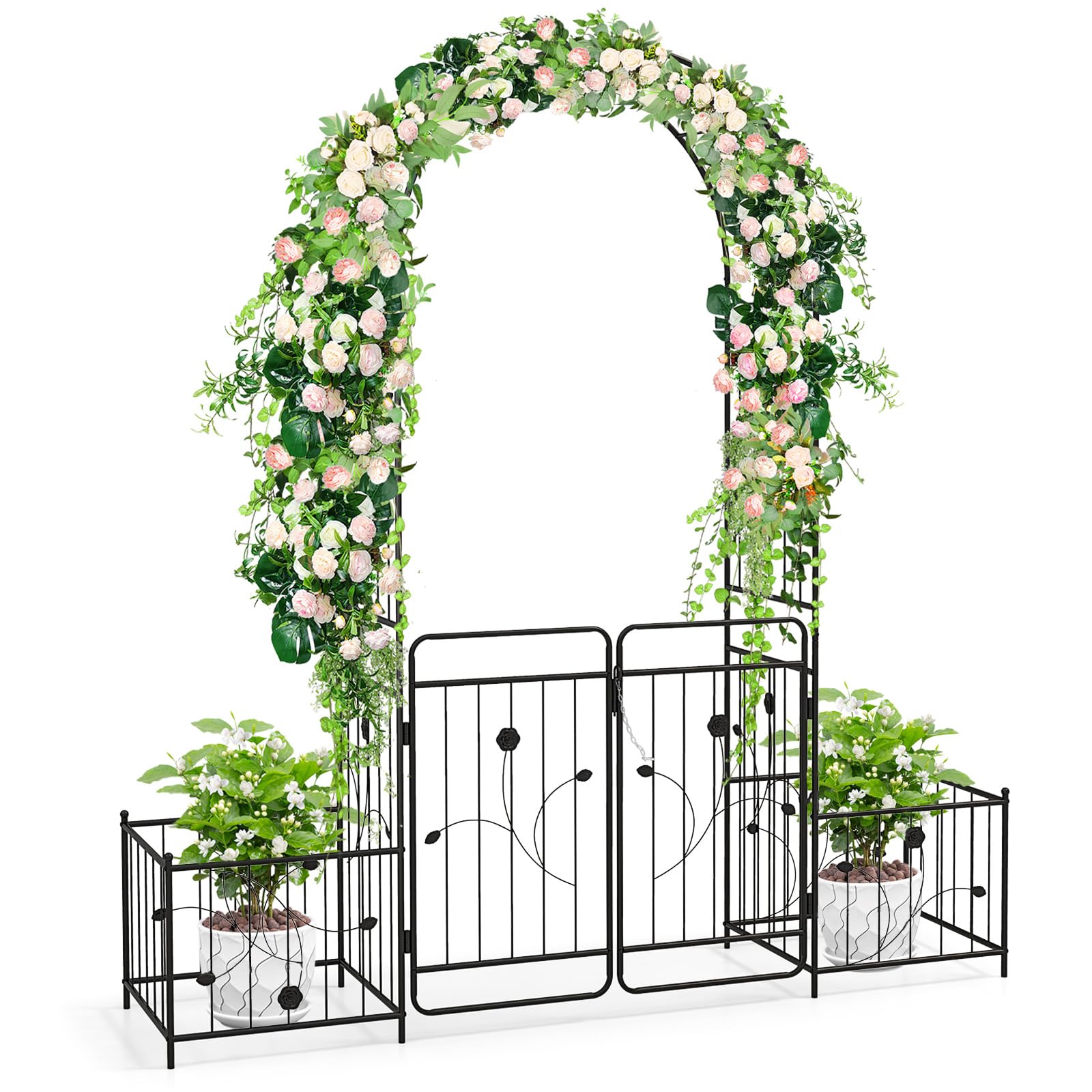 HOMASIS Arco rotondo di rose in metallo con porta, arco rampicante per piante rampicanti con 2 vasi laterali, traliccio decorativo di rose per feste, giardino di nozze, 202 x 50 x 220 cm, nero