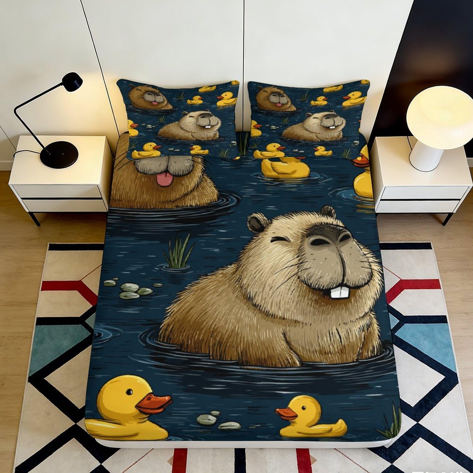 3D Printed Cartoon Beaver Fitted Sheet Microfiber Soft Breathable Rubber Duck Bed Cover for Bedroom Dormitory Guest Room Mattress Protection Decor 140x200x25cm