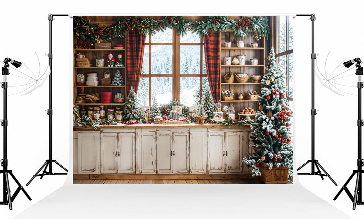 Kate 2,2 × 1,5 m sfondo natalizio fotografia inverno cucina interna albero di Natale davanzale finestra sfondo fotografia per Natale Capodanno decorazione foto video sfondi