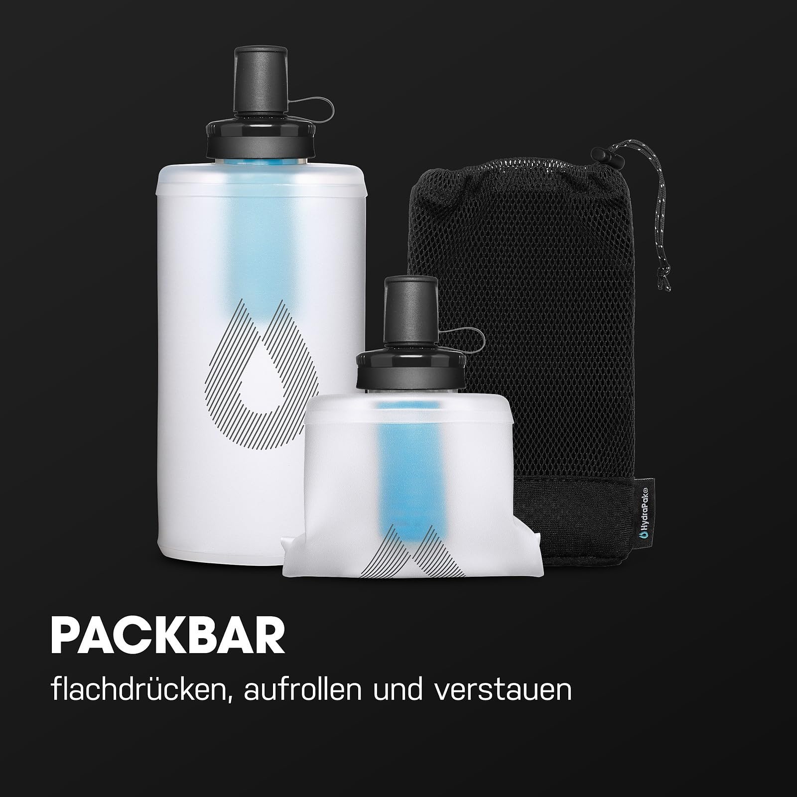 HydraPak PackFlask+ (750ml) – Wasserfilterflasche mit Gurtbefestigung für Rucksäcke. Freihändig nutzbare, praktische, ultraleichte und faltbare Softflasche für Wanderungen und Rucksacktouren