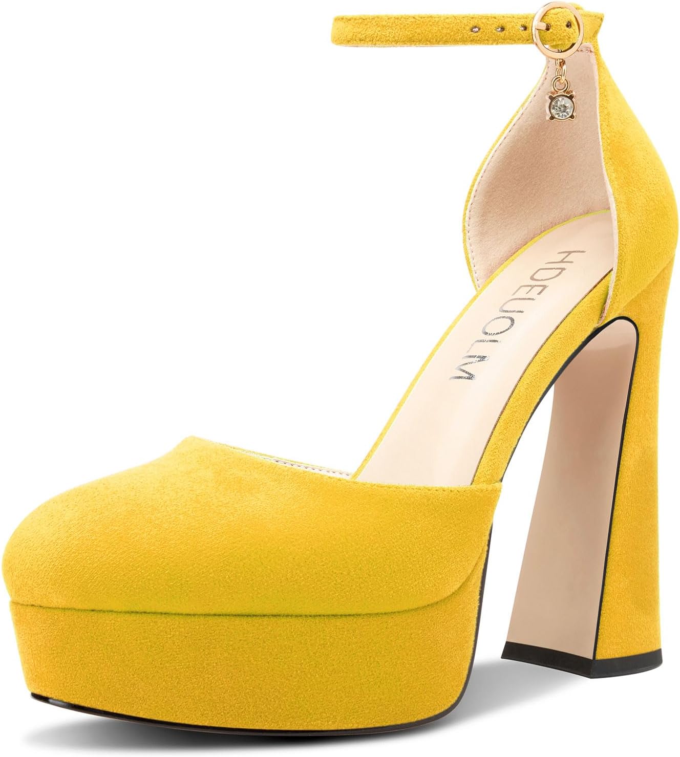 HDEUOLM Womens Chunky Block High Platform Heel Round Toe Closed Toe Pumps Two-Piece Ankle Strap Buckle Party Cute 5.3 Inches Heels