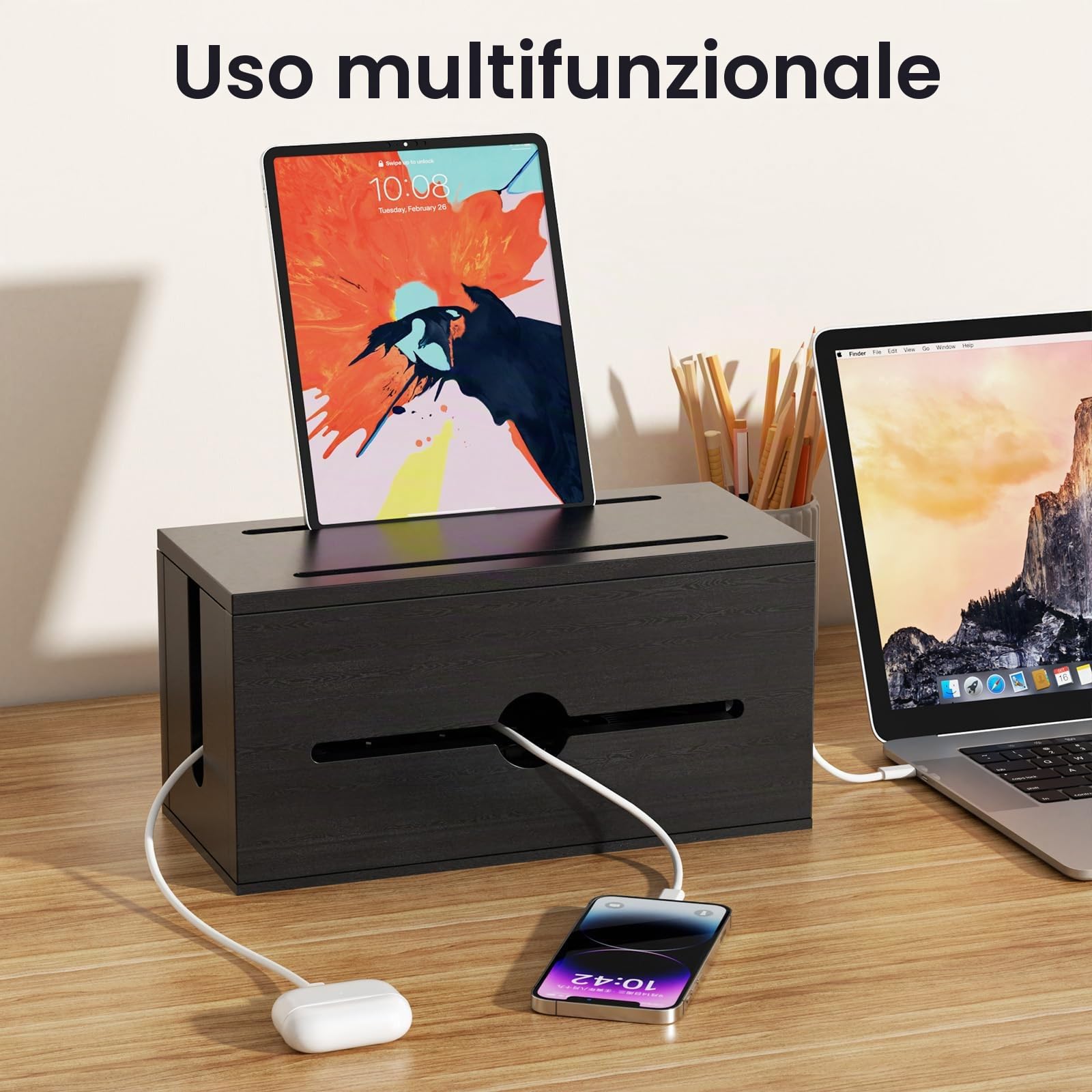 Scatola per cavi in legno con ciabatta multipresa, stazione di ricarica organizer con 8 prese, 4 USB e 1 ricarica rapida di tipo C, protezione da sovratensione con cavo di prolunga da 200 cm, per
