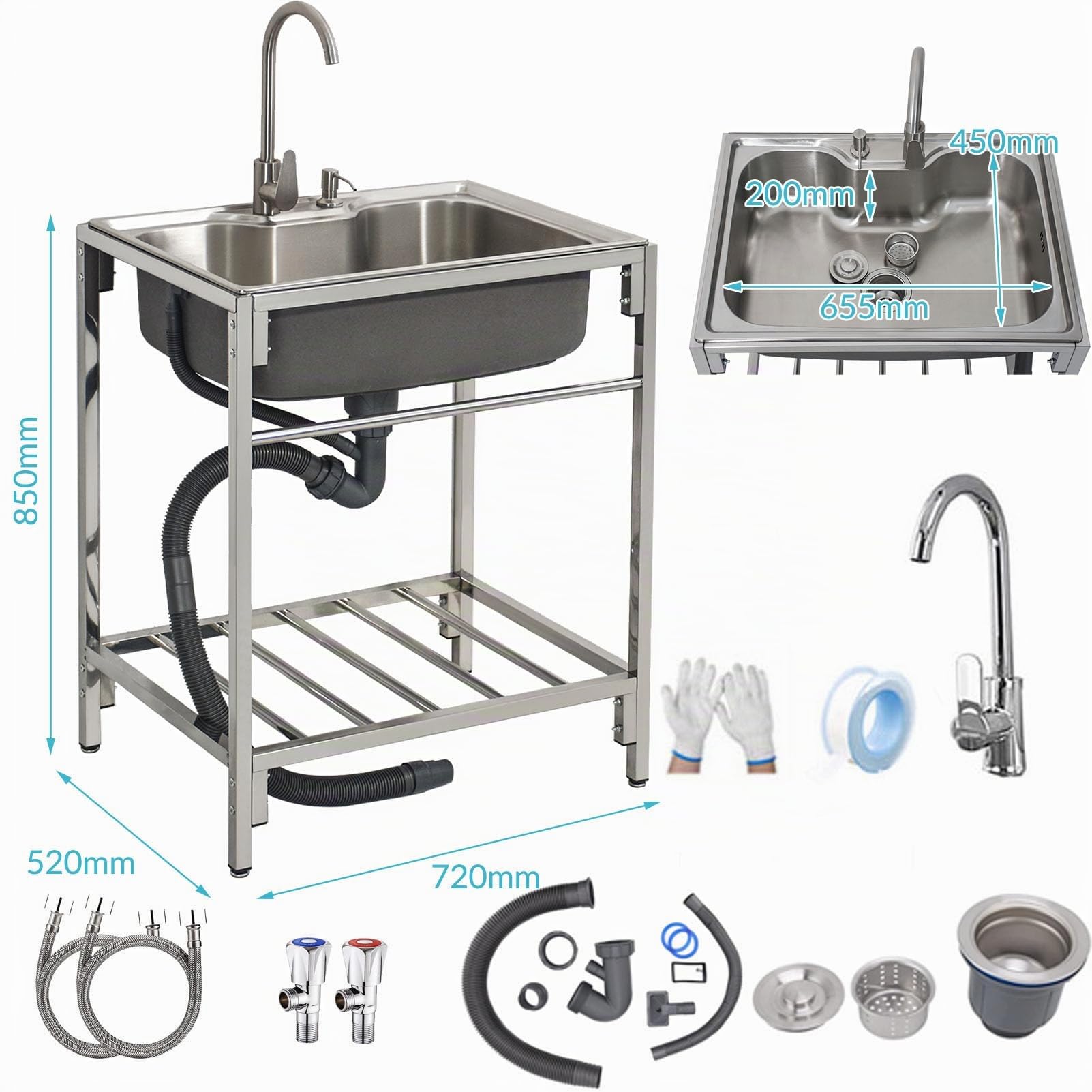Mobile Lavabo Esterno Balcone Lavello in acciaio inox Freestanding lavandino da esterno Sink 1 vasca con rubinetto lavare bacino a mano per Garage Lavanderia