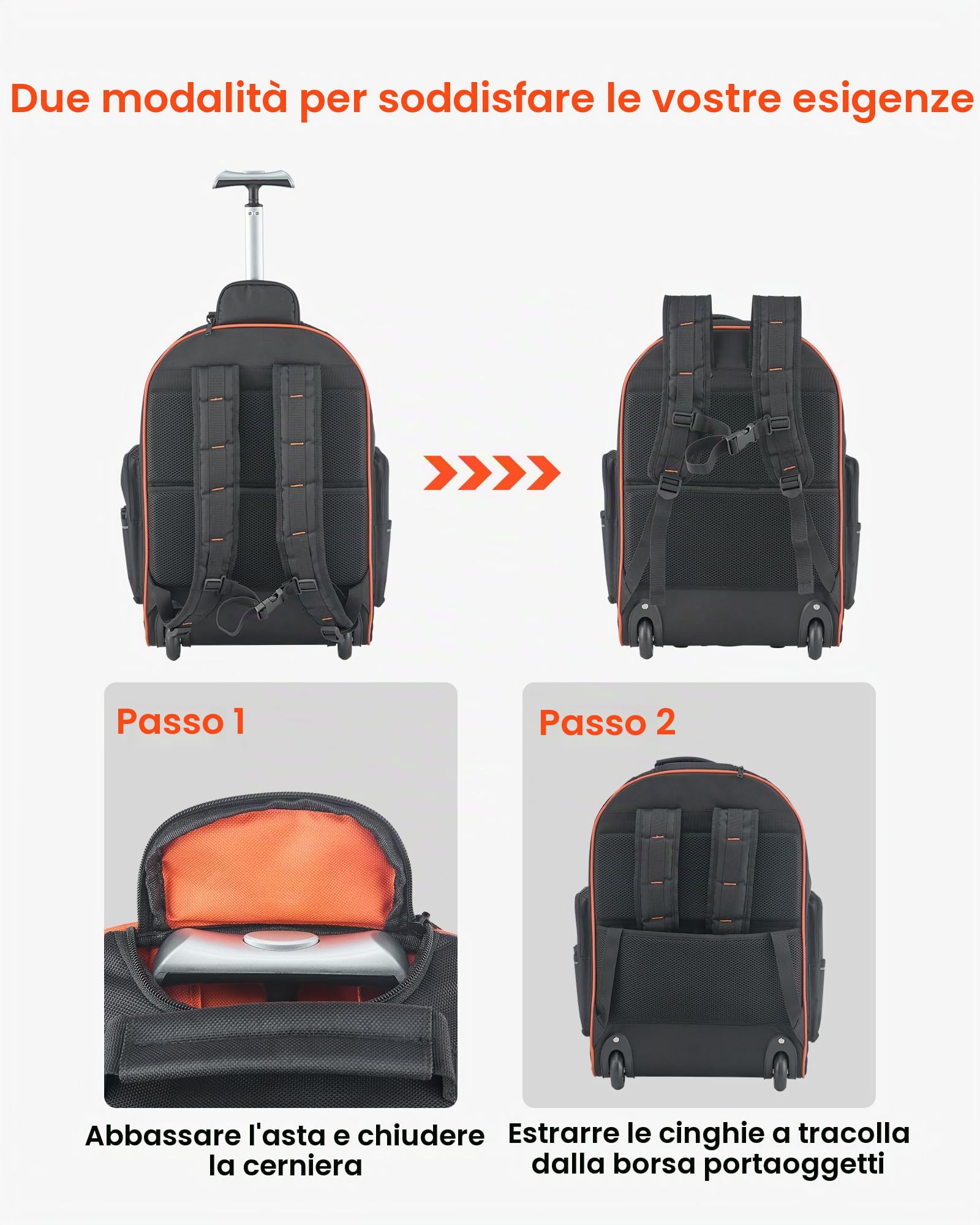 VEVOR Zaino Portautensili con Ruote, Capacità 50 kg, Borsa Portautensili con Ruote da 72 Tasche, Maniglia Telescopica Regolabile e Base Stabile, Organizzatore per Borse per Edilizia, Meccanico