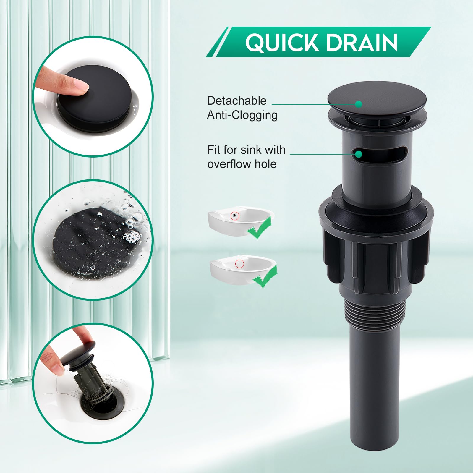 CREA Grifo de baño, grifo de lavabo con desagüe, grifo mezclador de ahorro de agua, grifo de alta presión para baño, monomando, color negro mate