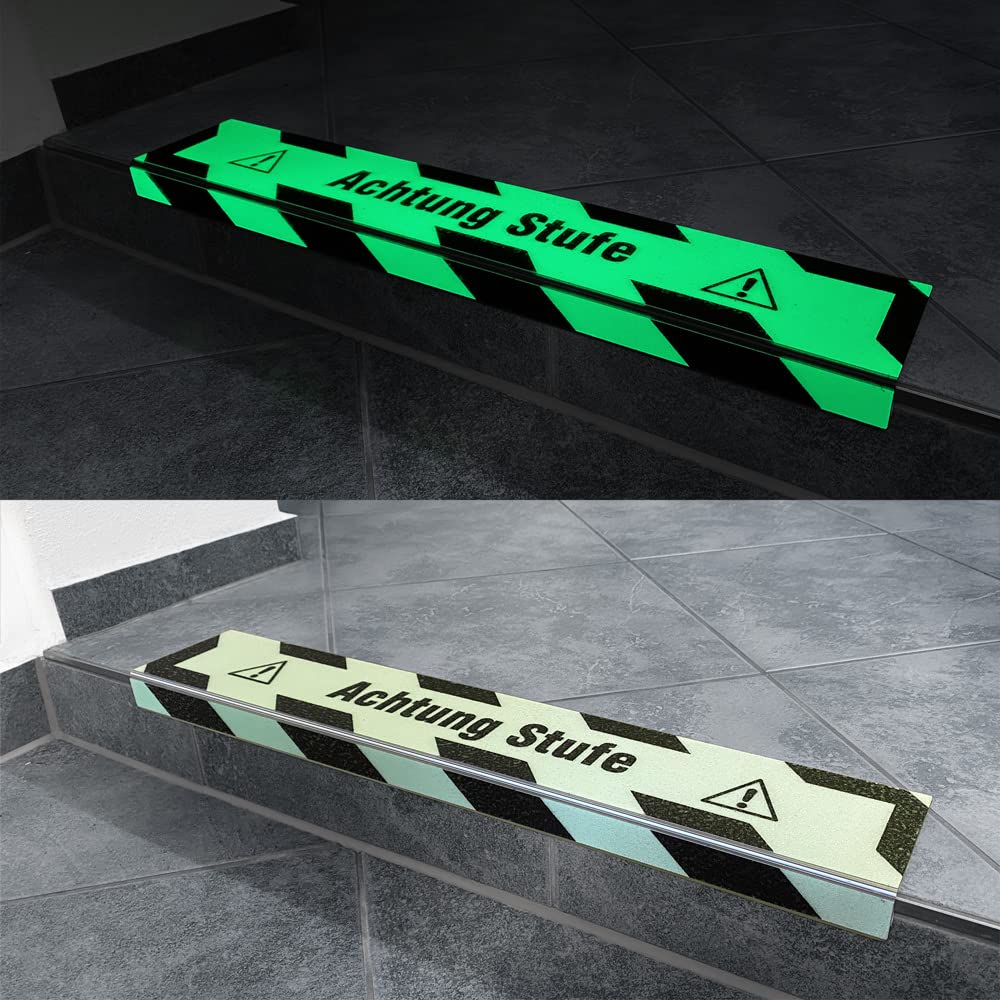 AnTina TAPES® Treppen-Kanten-Profil "Thin Line" 100 mm, Kanten-Schutz-Profil mit Antirutsch-Beschichtung R13 für Treppen & Stufen (10x80cm, gelb "Achtung Stufe")