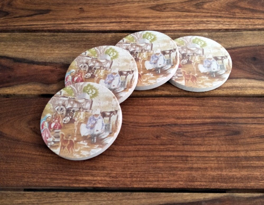 SANDSTERS Natural Sandstone Village Printed Absorbent Beverage Coasters Set of 4Pcs