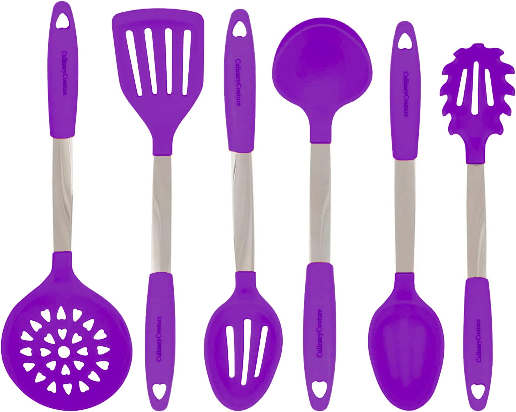 Purple Kitchen Utensil Set - Stainless Steel & Silicone Heat Resistant Cooking Tools - Spatula, Ladle, Mixing & Slotted Spoon, Pasta Fork Server, Drainer - Bonus Ebook!