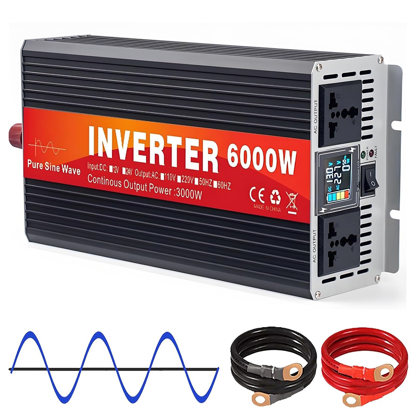Inverter Solare Off-Grid 3000W-6000W Picco, Inverter Onda Sinusoidale Pura | Prese Ca E Display Lcd, Inverter 24V Cc A Ca A Onda Sinusoidale Pura, Inverter Collegabili In Parallelo(6000W)