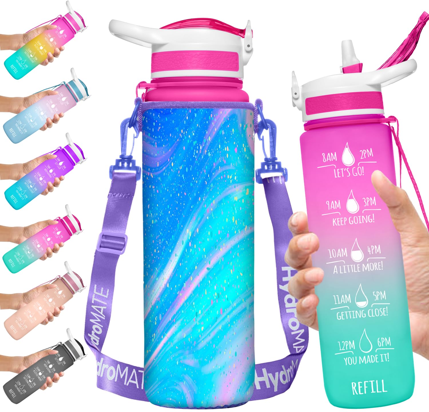NatureWorksHydroMATE 32 oz Water Bottle with Time Markings Hourly BPA Free Reusable Leak Proof with Straw and Carrying Sleeve 1 Liter