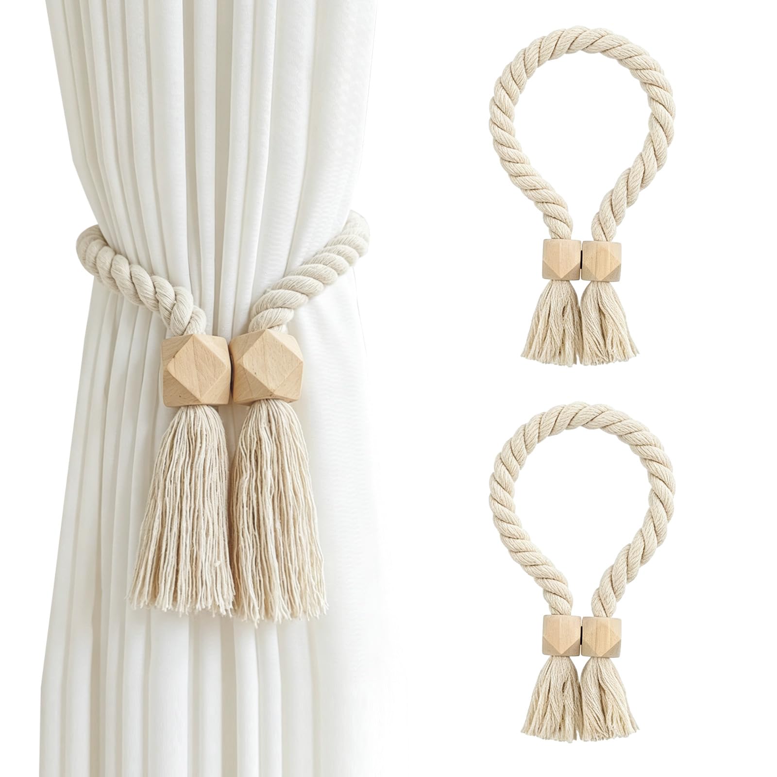 2 Pcs Curtain Tie Backs Beige Boho Braided Rope Holdbacks No-Drill Curtain Holders for Thin & Thick Curtains Modern Simple Style Curtain Ties for Living Room Bedroom Kitchen Office