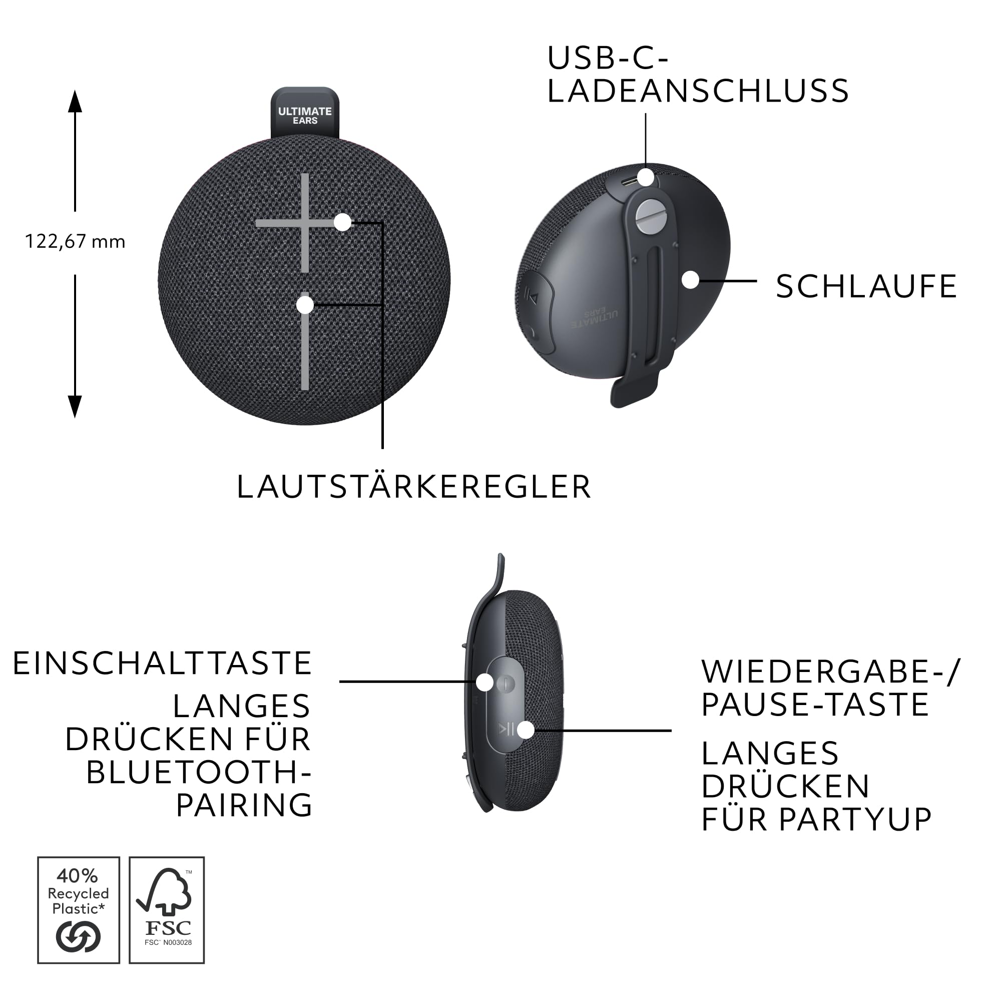 Ultimate Ears MINIROLL Ultraportabler wasserdichter Bluetooth-Lautsprecher, starker Bass, staubdicht nach IP67, 40 m Reichweite – Gentle Black